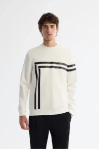 Avva Men's Ecru Crew Neck Cotton Printed Elastane Regular Fit Sweatshirt