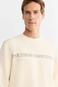 Avva Men's Ecru Crew Neck Printed Soft Touch Regular Fit Sweatshirt - Image 2