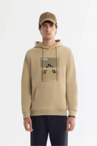Avva Men's Beige Hooded Cotton Printed Elastane Regular Fit Sweatshirt