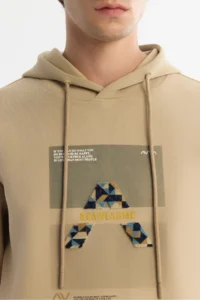 Avva Men's Beige Hooded Cotton Printed Elastane Regular Fit Sweatshirt - Image 2