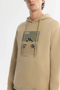 Avva Men's Beige Hooded Cotton Printed Elastane Regular Fit Sweatshirt - Image 3