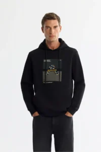 Avva Men's Black Hooded Cotton Printed Elastane Regular Fit Sweatshirt