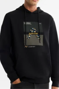 Avva Men's Black Hooded Cotton Printed Elastane Regular Fit Sweatshirt - Image 2