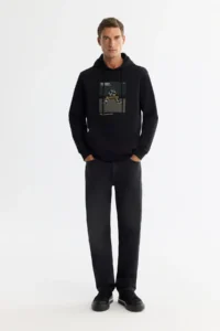 Avva Men's Black Hooded Cotton Printed Elastane Regular Fit Sweatshirt - Image 3