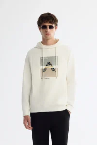 Avva Men's Ecru Hooded Cotton Printed Elastane Regular Fit Sweatshirt