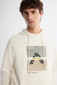 Avva Men's Ecru Hooded Cotton Printed Elastane Regular Fit Sweatshirt - Image 2