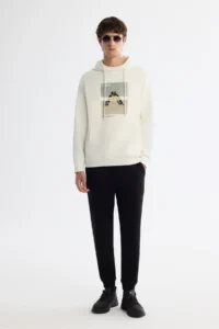 Avva Men's Ecru Hooded Cotton Printed Elastane Regular Fit Sweatshirt - Image 5