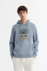 Avva Men's Light Blue Hooded Cotton Printed Elastane Regular Fit Sweatshirt