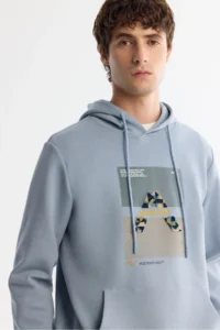 Avva Men's Light Blue Hooded Cotton Printed Elastane Regular Fit Sweatshirt - Image 2