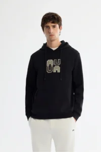 Avva Men's Black Hooded Cotton Printed Elastane Regular Fit Sweatshirt