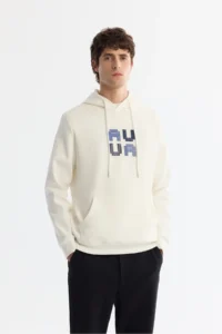 Avva Men's Ecru Hooded Cotton Printed Elastane Regular Fit Sweatshirt