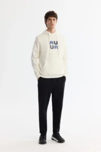 Avva Men's Ecru Hooded Cotton Printed Elastane Regular Fit Sweatshirt - Image 5