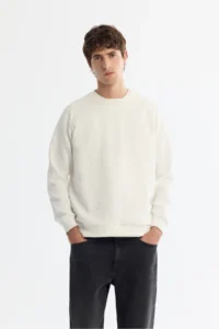 Avva Men's Ecru Crew Neck Printed Elastane Regular Fit Sweatshirt