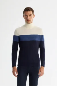 Avva Men's Navy Blue Full Turtleneck Block Colored Wool Blend Regular Fit Sweater