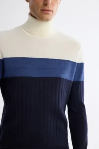 Avva Men's Navy Blue Full Turtleneck Block Colored Wool Blend Regular Fit Sweater - Image 2