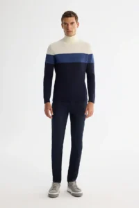 Avva Men's Navy Blue Full Turtleneck Block Colored Wool Blend Regular Fit Sweater - Image 5