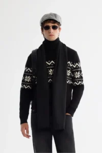 Avva Men's Black Full Turtleneck Snow Patterned Soft Touch Knitwear Regular Fit Sweater