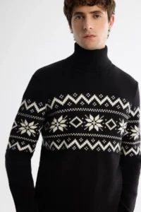 Avva Men's Black Full Turtleneck Snow Patterned Soft Touch Knitwear Regular Fit Sweater - Image 2