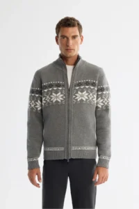 Avva Men's Gray Stand-Up Collar Zippered Patterned Knitwear Regular Fit Cardigan