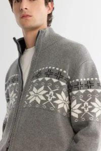 Avva Men's Gray Stand-Up Collar Zippered Patterned Knitwear Regular Fit Cardigan - Image 2