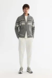 Avva Men's Gray Stand-Up Collar Zippered Patterned Knitwear Regular Fit Cardigan - Image 4