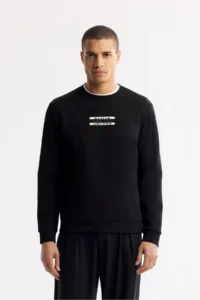 Avva Men's Black Crew Neck Printed Bi-Stretch Interlock Regular Fit Sweatshirt