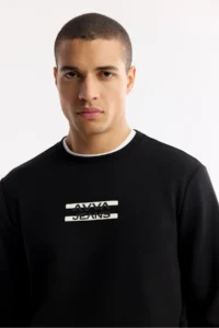 Avva Men's Black Crew Neck Printed Bi-Stretch Interlock Regular Fit Sweatshirt - Image 2