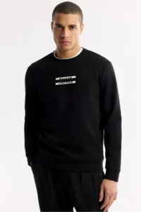 Avva Men's Black Crew Neck Printed Bi-Stretch Interlock Regular Fit Sweatshirt - Image 5