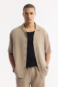 Avva Men's Beige Open Collar Short Sleeve Soft Touch Oversize Fit Shirt - Image 5