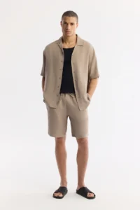 Avva Men's Beige Open Collar Short Sleeve Soft Touch Oversize Fit Shirt - Image 6