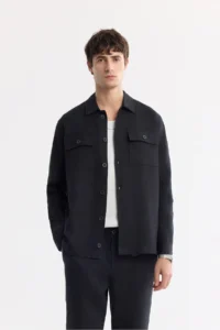 Avva Men's Black Classic Collar 100% Linen Comfort Fit Shirt Jacket