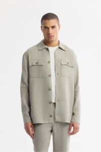 Avva Men's Gray Classic Collar 100% Linen Comfort Fit Shirt Jacket
