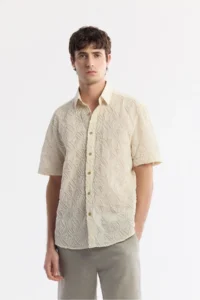 Avva Men's Beige Classic Collar Embroidered Cotton Short Sleeve Comfort Fit Shirt