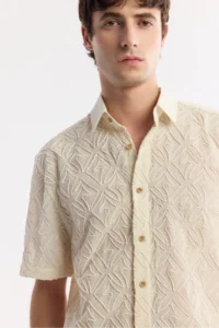 Avva Men's Beige Classic Collar Embroidered Cotton Short Sleeve Comfort Fit Shirt - Image 2