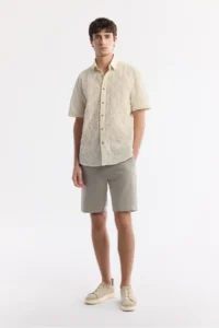 Avva Men's Beige Classic Collar Embroidered Cotton Short Sleeve Comfort Fit Shirt - Image 5