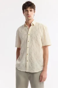 Avva Men's Beige Classic Collar Embroidered Cotton Short Sleeve Comfort Fit Shirt - Image 6