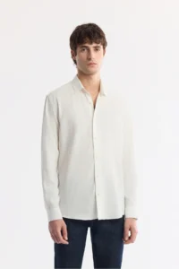 Avva Men's White Bottom Collar Embossed Regular Fit Shirt