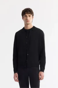 Avva Men's Black Polo Collar Buttoned Rayon Anti-Pilling Knitwear Regular Fit Cardigan