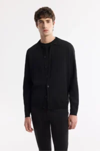Avva Men's Black Polo Collar Buttoned Rayon Anti-Pilling Knitwear Regular Fit Cardigan - Image 2