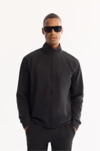 Avva Men's Black Stand-up Collar Zippered Inside Raster Bi-Stretch Technical Fabric Regular Fit Sweatshirt