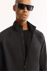Avva Men's Black Stand-up Collar Zippered Inside Raster Bi-Stretch Technical Fabric Regular Fit Sweatshirt - Image 2