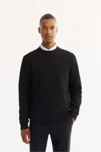 Avva Men's Black Crew Neck Textured Elastane Regular Fit Sweatshirt