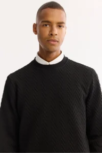 Avva Men's Black Crew Neck Textured Elastane Regular Fit Sweatshirt - Image 2