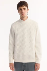 Avva Men's Ecru Crew Neck Textured Elastane Regular Fit Sweatshirt - Image 2