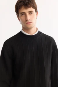 Avva Men's Black Crew Neck Striped Elastane Regular Fit Sweatshirt - Image 3
