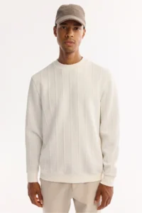 Avva Men's Ecru Crew Neck Striped Elastane Regular Fit Sweatshirt - Image 2