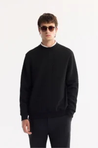 Avva Men's Black Crew Neck Textured Elastane Regular Fit Sweatshirt