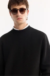 Avva Men's Black Crew Neck Textured Elastane Regular Fit Sweatshirt - Image 2
