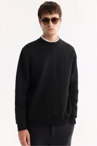 Avva Men's Black Crew Neck Textured Elastane Regular Fit Sweatshirt - Image 3