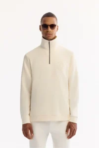 Avva Men's Ecru Stand-Up Collar Zippered Soft Touch Printed Regular Fit Sweatshirt
